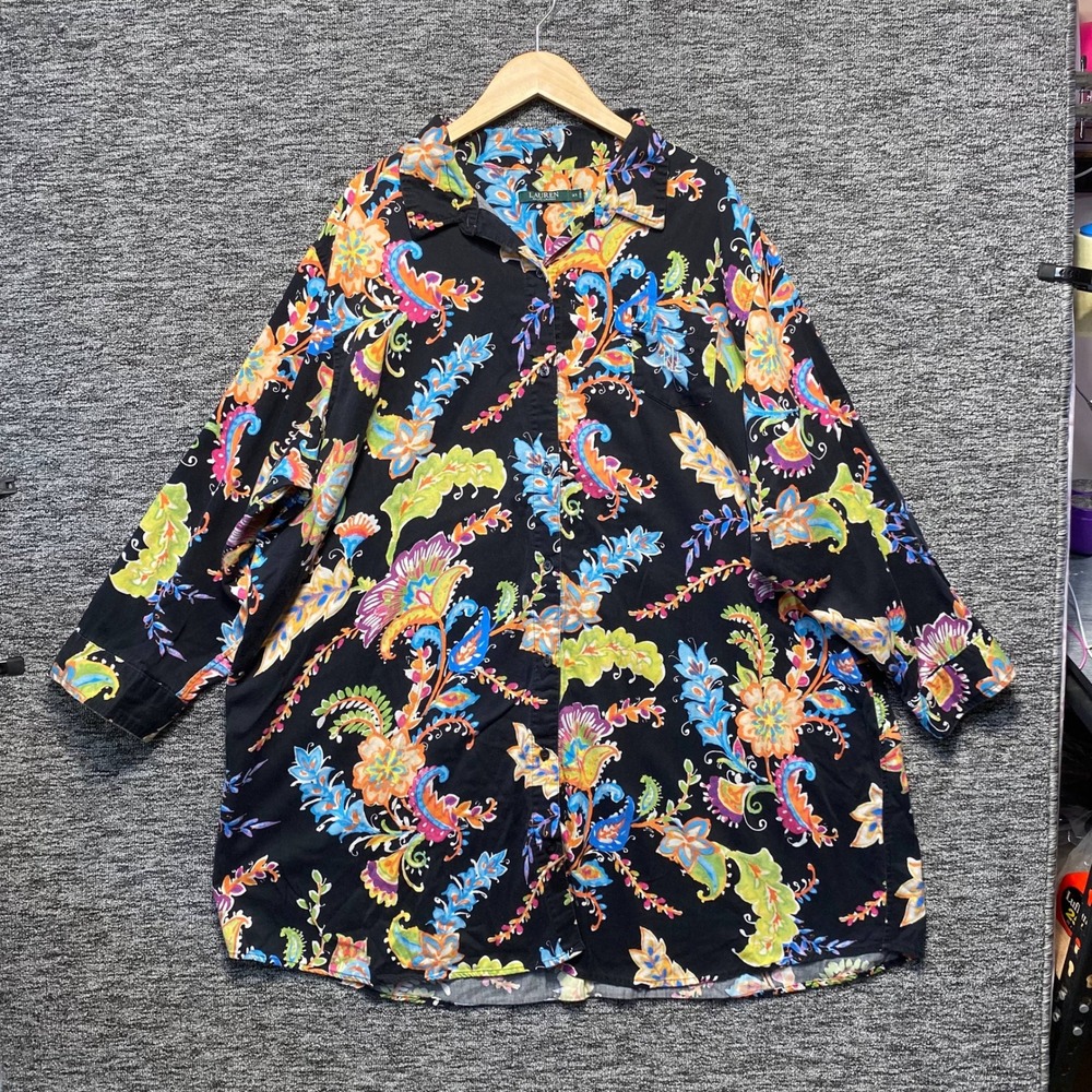 Lauren Ralph Lauren Womens 3X Black Paisley Floral Button Front Tunic Shirt Long
